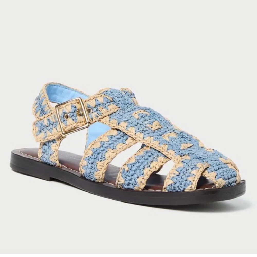 Loeffler Randall Woven Blue and Tan Raffia Fisherman Sandals